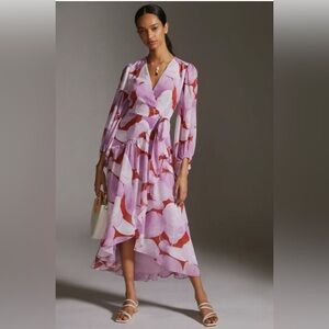 HUTCH Geo Chiffon Wrap Dress Pink Leaf print Maxi Resortwear size small